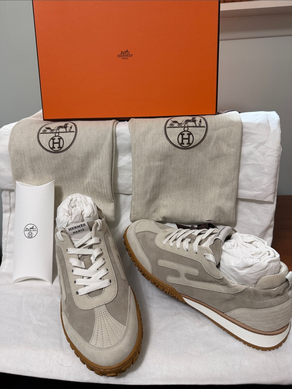Hermes Beige and Gum Sole Suede Lace-Up Sneakers